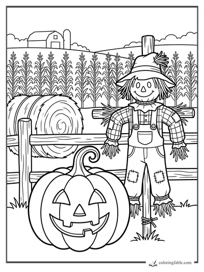 Smiling jack-o’-lantern beside a scarecrow, hay bale, fence, corn rows, and distant barn coloring page