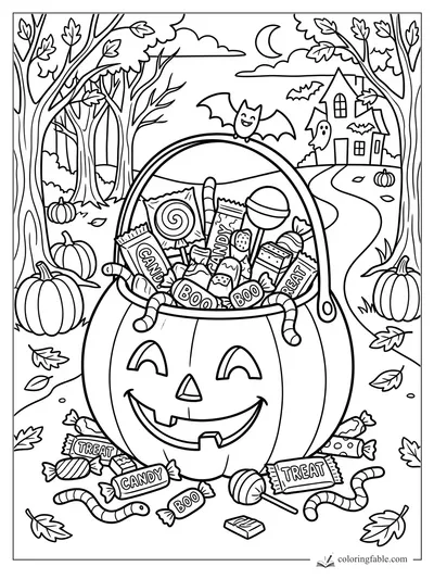 Halloween candy bucket with lollipops, pumpkins, bats, ghost, moon, haunted house, and forest path