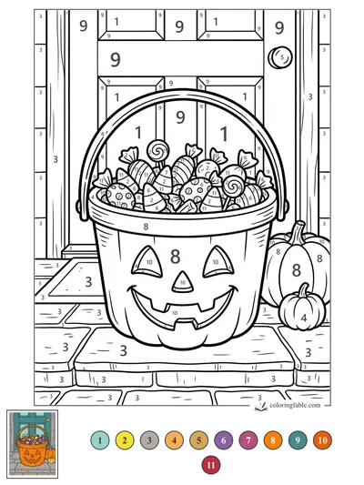 Jack-o’-Lantern Candy Bucket on the Porch — color by number