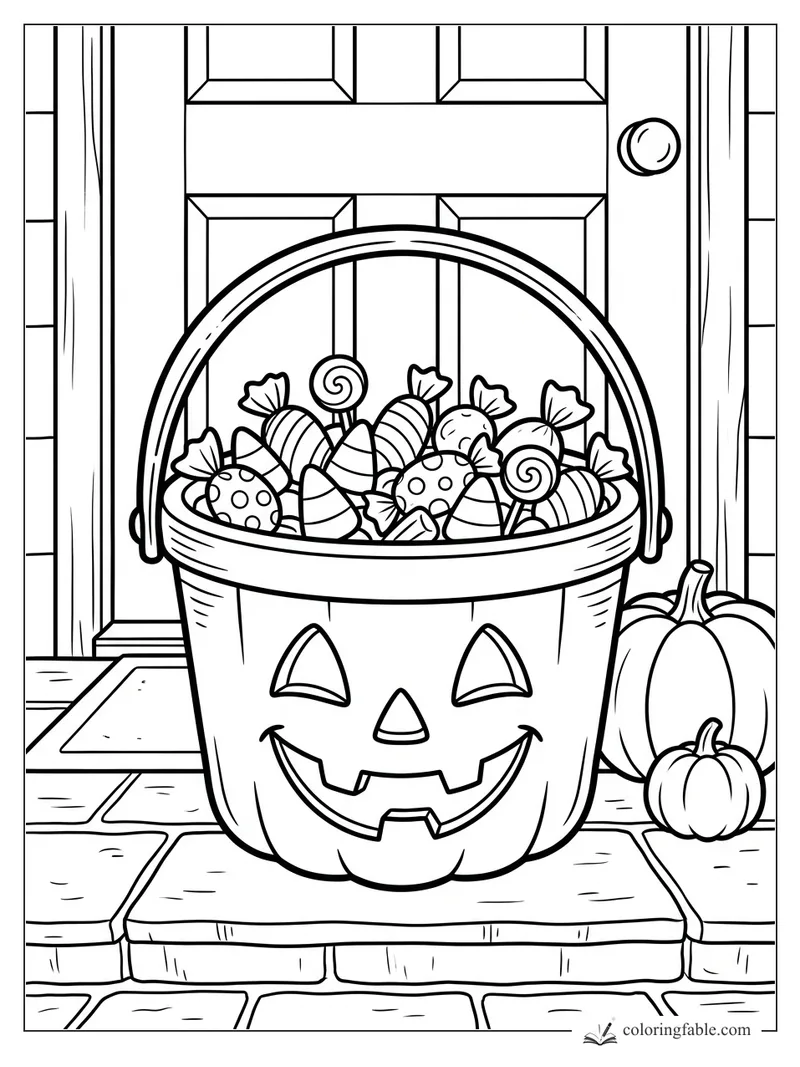 Jack-o’-lantern bucket filled with Halloween candy on a porch beside two pumpkins