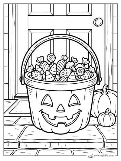 Jack-o’-lantern bucket filled with Halloween candy on a porch beside two pumpkins