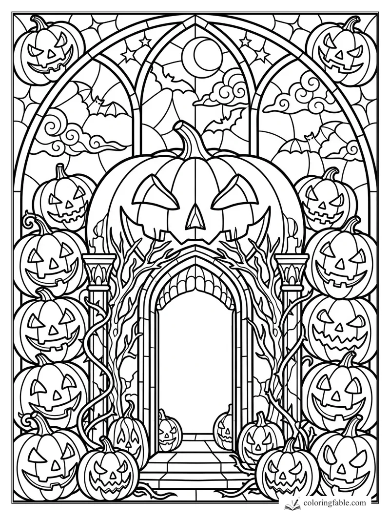 Intricate stained-glass Halloween arch with a giant jack-o’-lantern, bats, moon, candles, and pumpkin stacks.