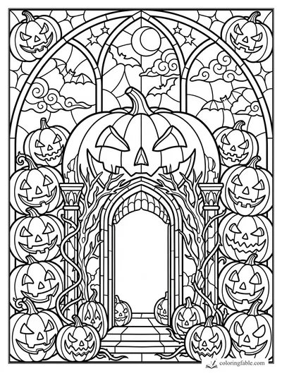Intricate stained-glass Halloween arch with a giant jack-o’-lantern, bats, moon, candles, and pumpkin stacks.