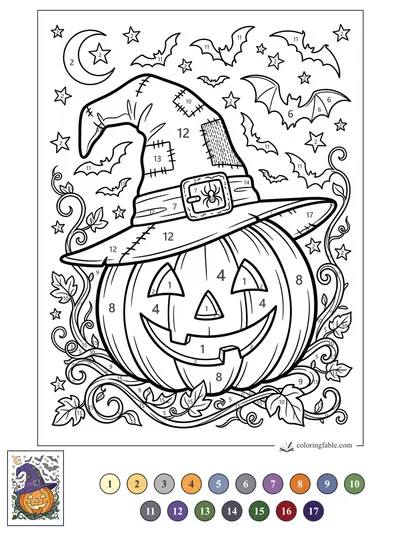 Jack-o’-Lantern in a Patchwork Witch Hat — color by number