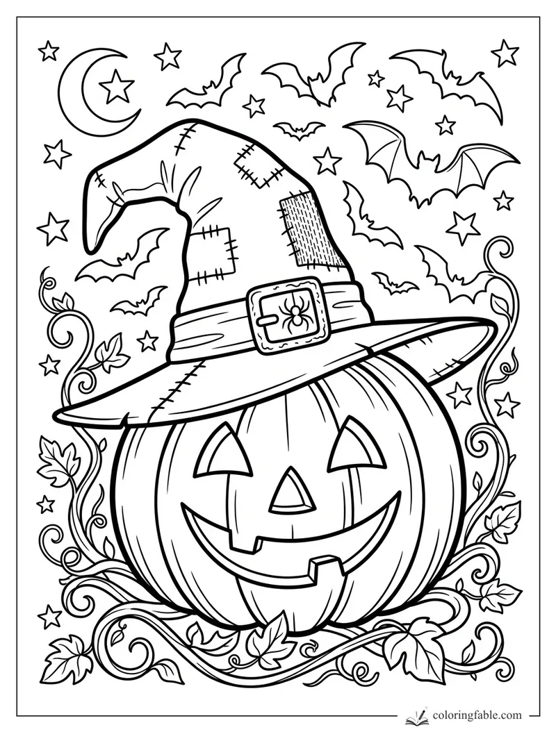 Smiling jack-o’-lantern wearing a patched witch hat with bats, crescent moon, stars, vines, and leaves.
