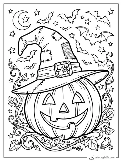 Smiling jack-o’-lantern wearing a patched witch hat with bats, crescent moon, stars, vines, and leaves.