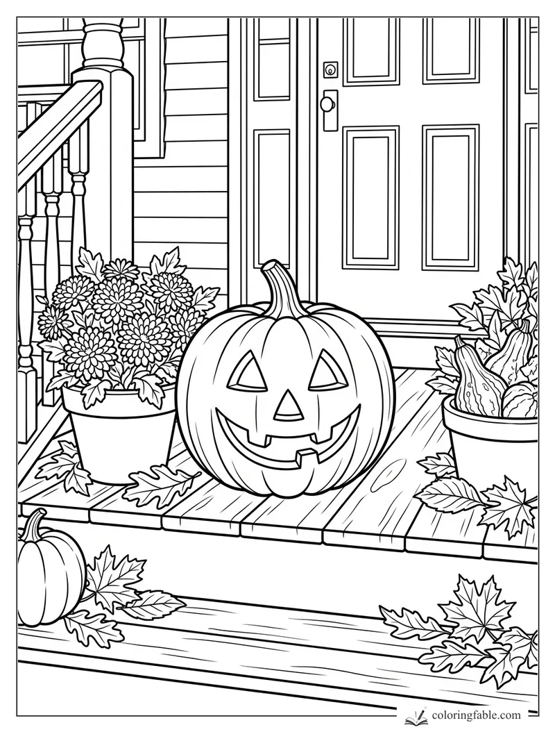 Realistic jack-o’-lantern on a porch with mums, gourds, leaves, railing, and paneled front door