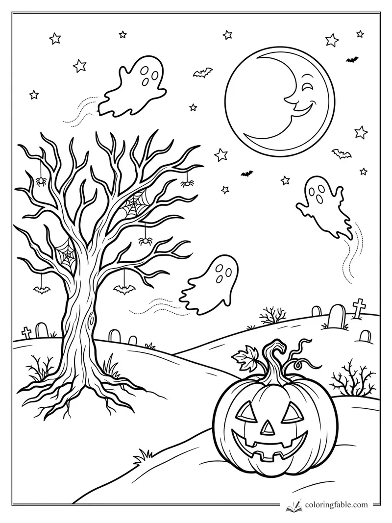Smiling jack-o’-lantern in a graveyard with ghosts, bats, spiders, bare tree, stars, and crescent moon.