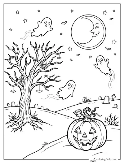 Smiling jack-o’-lantern in a graveyard with ghosts, bats, spiders, bare tree, stars, and crescent moon.