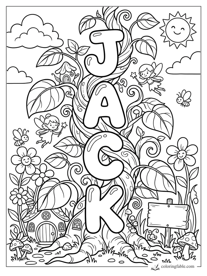 Jack name coloring page with giant beanstalk letters, fairies, flowers, bees, mushrooms, and tiny houses