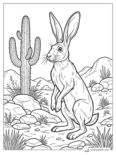 Realistic jackrabbit standing by a tall saguaro cactus among desert rocks and mountains