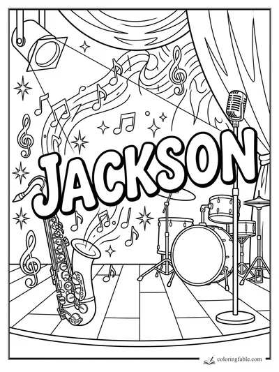 Jackson name coloring page with saxophone, drum kit, microphone, spotlight, curtains, and music notes.