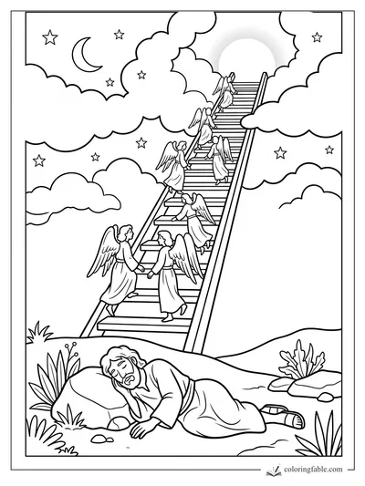 Jacob asleep on a rock while angels climb a stairway through clouds, moon, and stars
