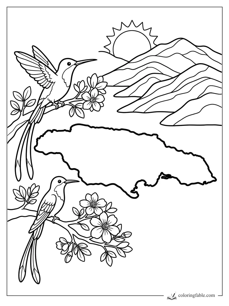 Jamaica outline with two doctor birds, tropical flowers, mountains, and rising sun coloring page