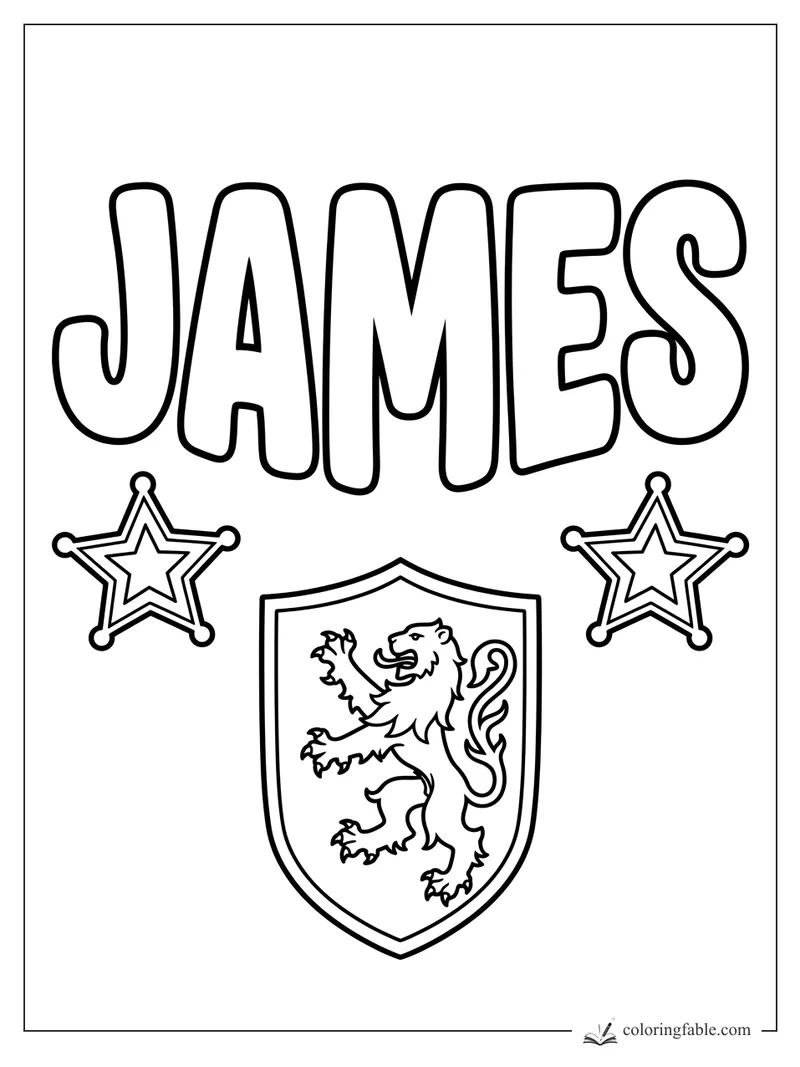 James name coloring page with bold letters, two star badges, and a lion shield crest.