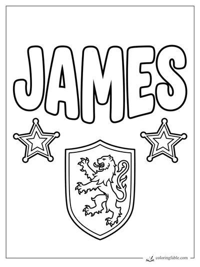 James name coloring page with bold letters, two star badges, and a lion shield crest.
