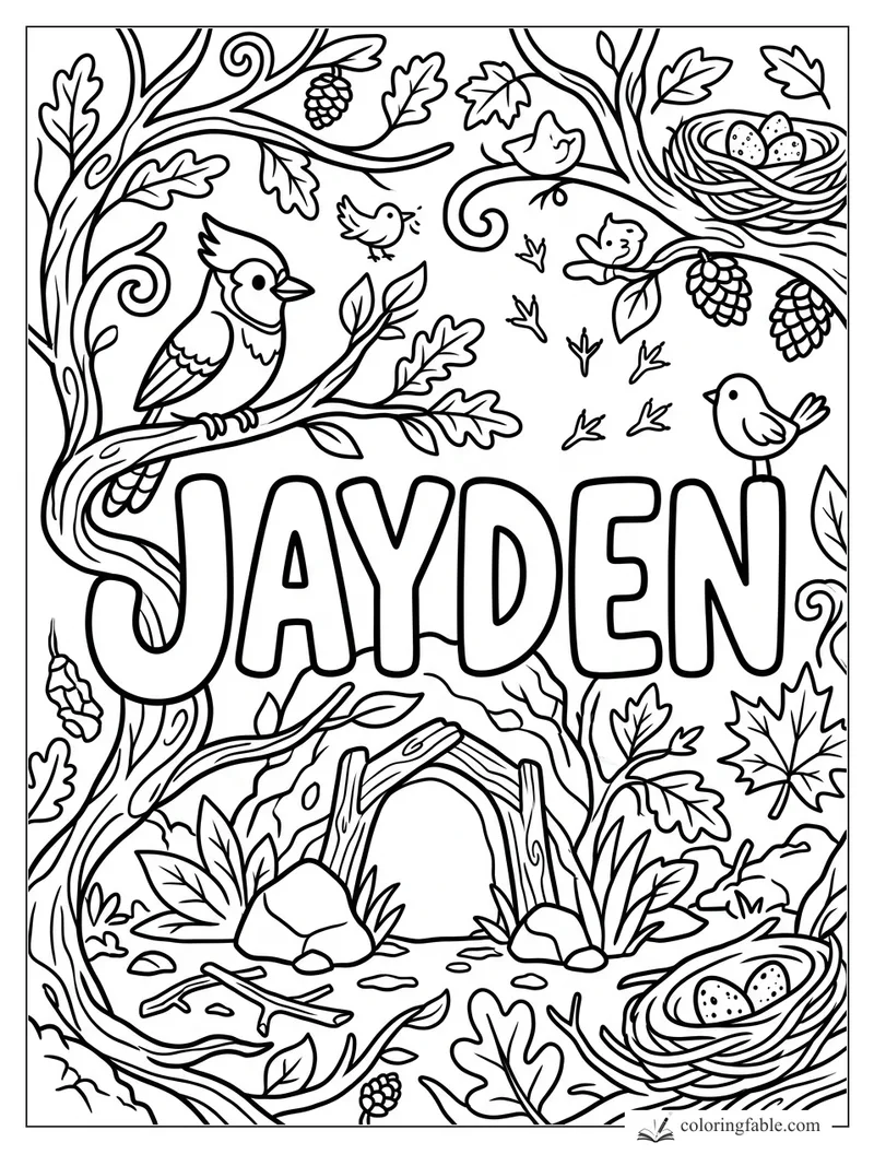 Jayden name coloring page with woodland birds, nests, acorns, leaves, and a tiny twig doorway