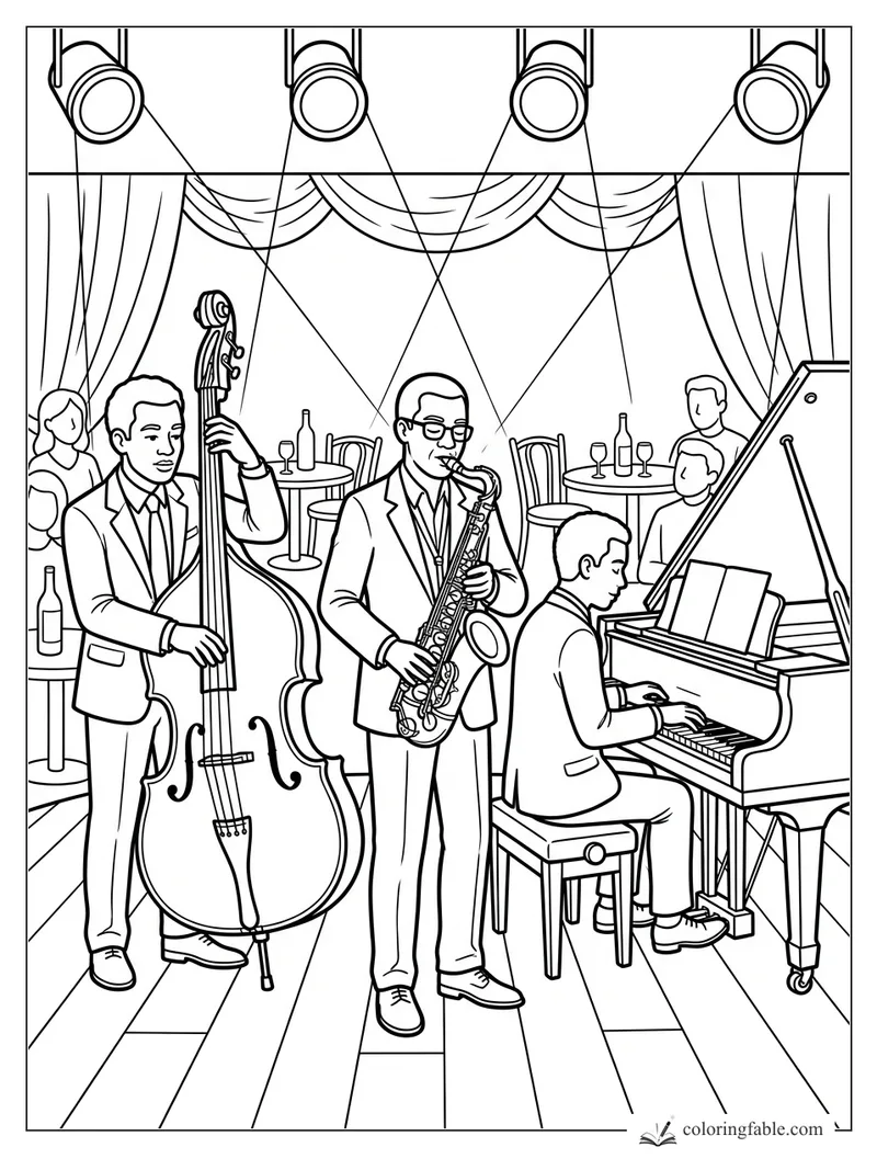 Jazz trio coloring page with saxophone, upright bass, grand piano, café tables, curtains, and stage lights.