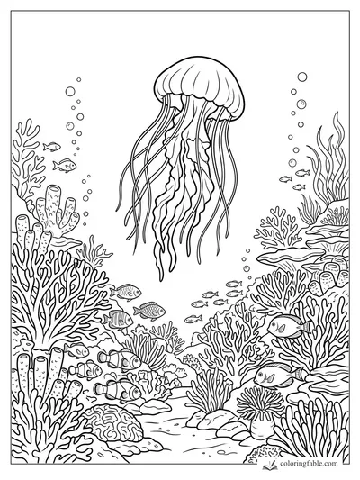 Large jellyfish with long tentacles drifting over coral, bubbles, sea plants, and small reef fish.
