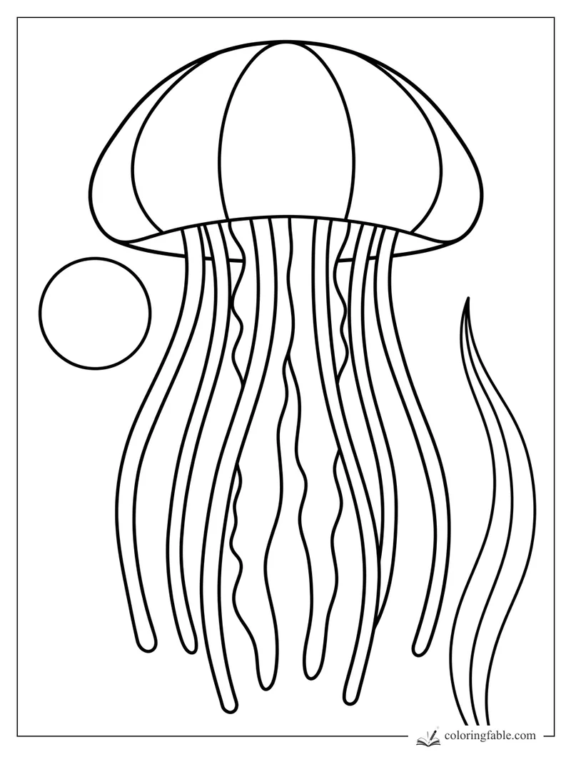 Minimalist jellyfish coloring page with long tentacles, one round bubble, and tall wavy sea grass.