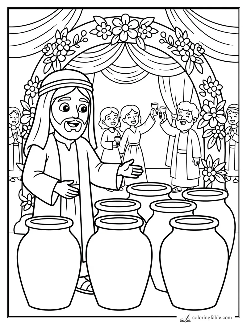 Jesus smiles beside six large wedding jars as guests raise cups under a flowered arch.