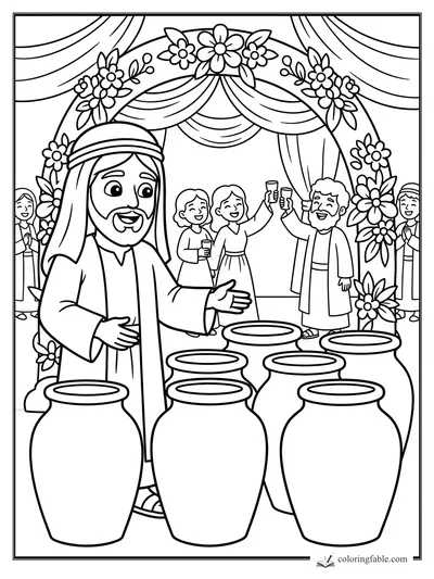 Jesus smiles beside six large wedding jars as guests raise cups under a flowered arch.