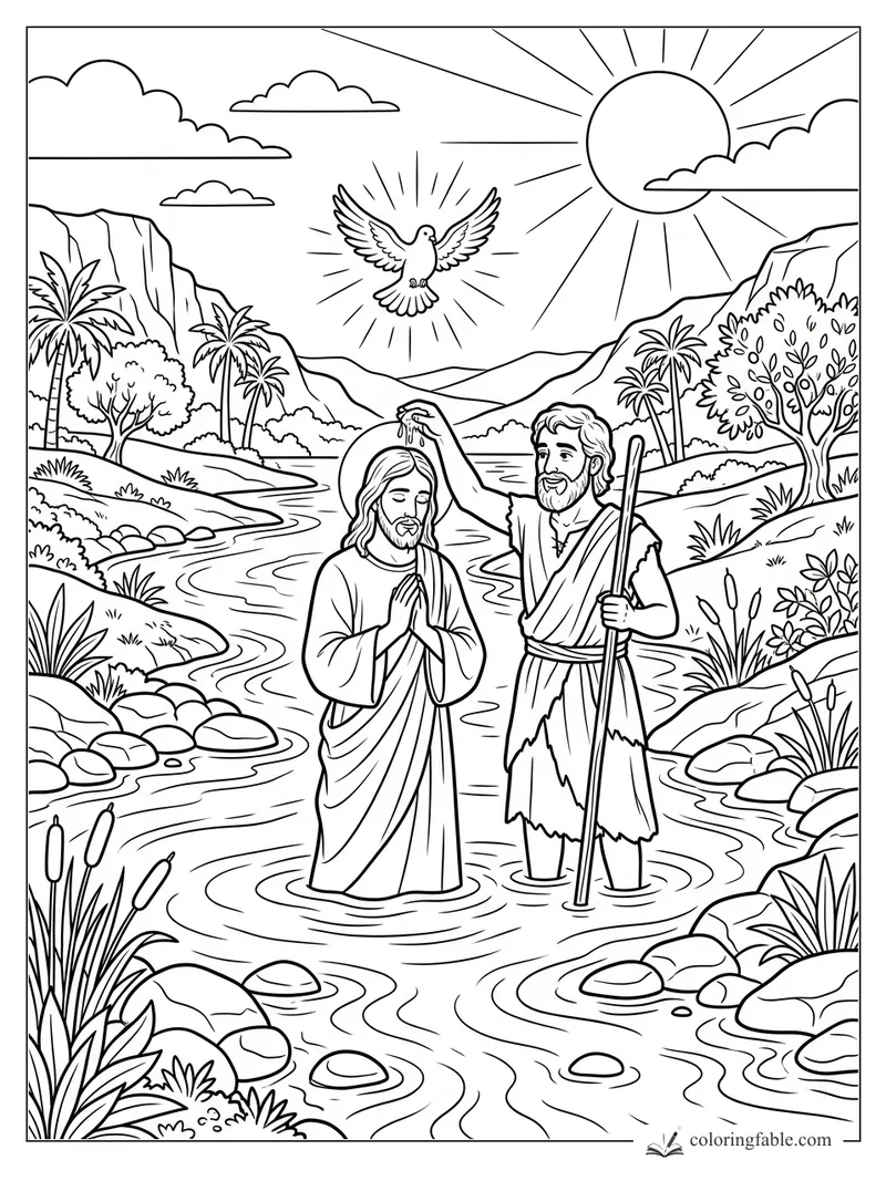Jesus being baptized in a river as a dove descends, with sun, mountains, palms, reeds, and rocks.