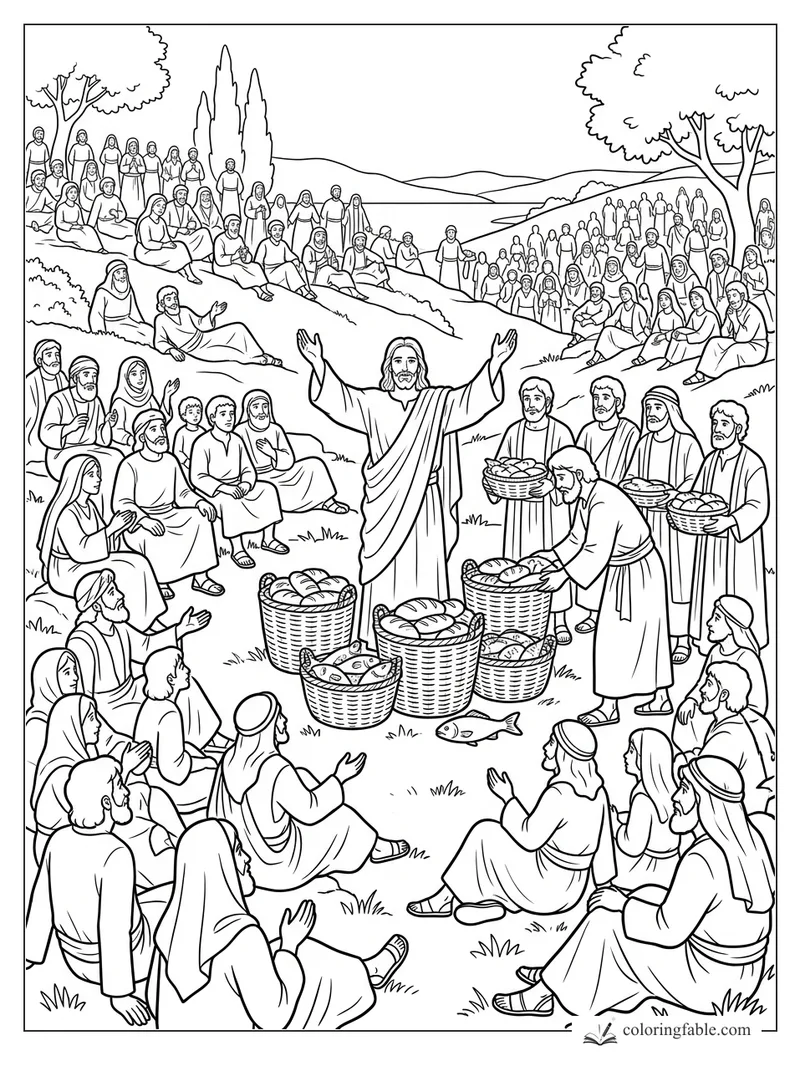 Jesus raises his hands as disciples gather baskets of bread and fish before a hillside crowd.