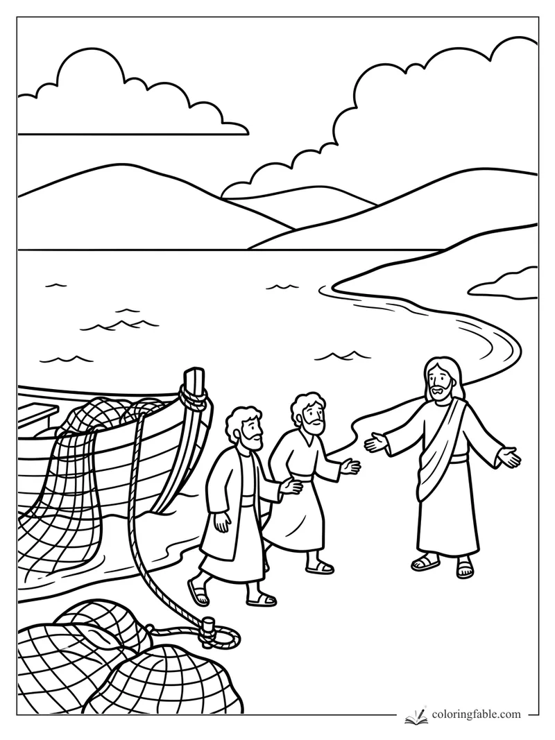 Jesus speaking to two fishermen beside a boat, nets, waves, hills, and clouds by the Sea of Galilee