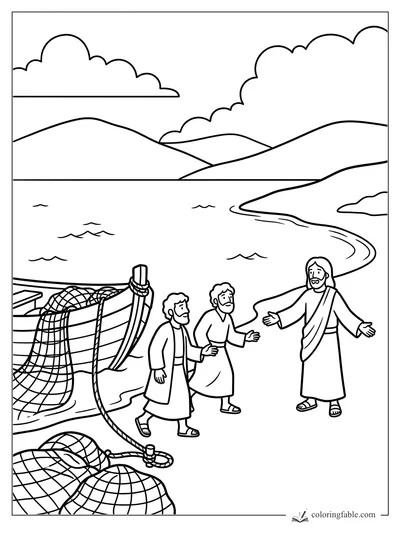 Jesus speaking to two fishermen beside a boat, nets, waves, hills, and clouds by the Sea of Galilee