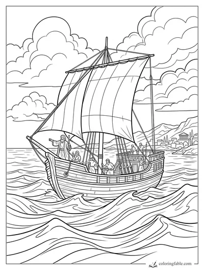 Jesus standing on a wooden sailboat with disciples, tall sail, rolling waves, clouds, and a distant shore