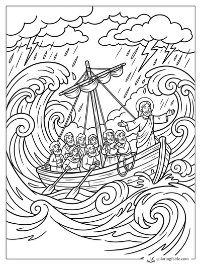 Jesus stands in a wooden boat with frightened disciples, huge waves, rain clouds, and lightning.