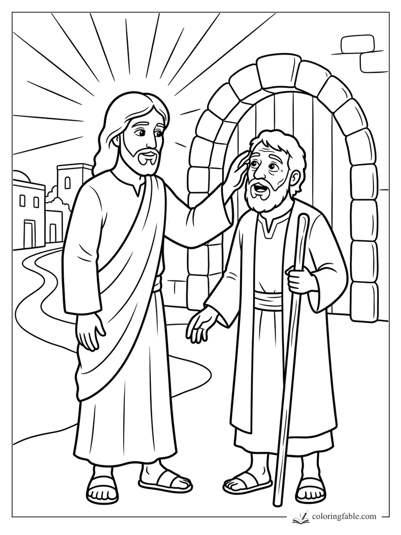 Jesus touches a blind man’s eye beside a stone archway with sun rays over the town road.