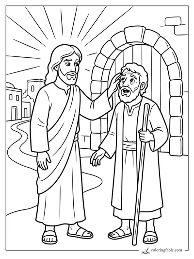 Jesus touches a blind man’s eye beside a stone archway with sun rays over the town road.