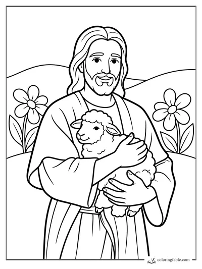 Jesus cuddles a smiling lamb among big flowers and rolling hills coloring page