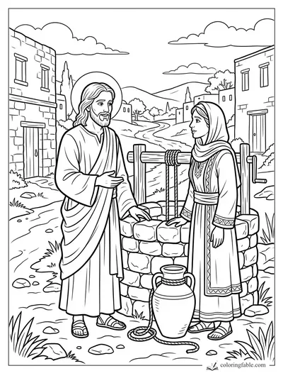 Jesus speaking with a woman beside a stone well, with a water jar, rope, village houses, hills, and clouds