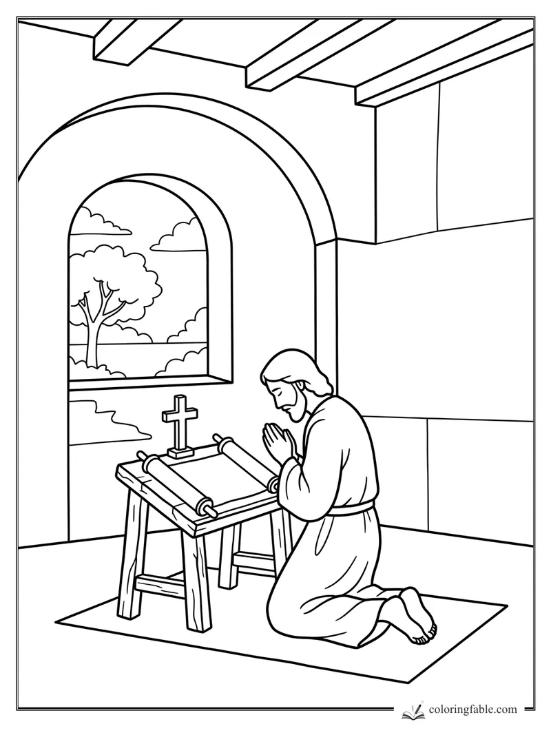 Jesus kneels in prayer beside an open scroll, small cross, arched window, tree, and ceiling beams.