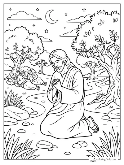 Jesus kneels in prayer under a crescent moon while three disciples sleep among olive trees in Gethsemane.