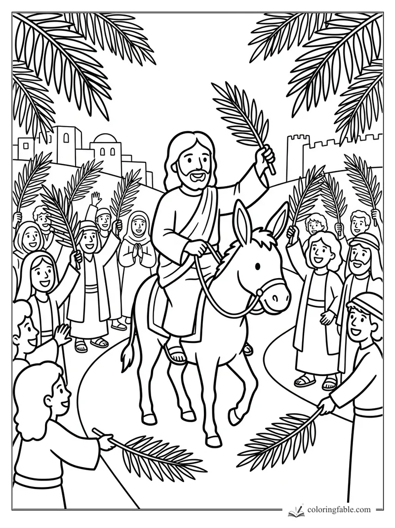 Jesus riding a donkey as children and families wave palm branches near Jerusalem walls