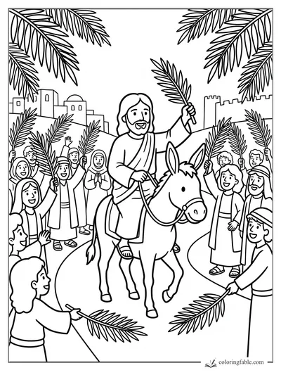 Jesus riding a donkey as children and families wave palm branches near Jerusalem walls