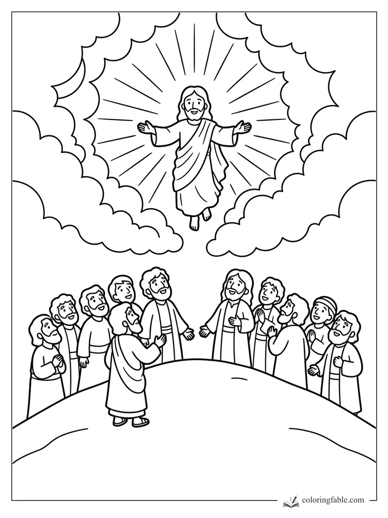 Jesus ascending in bright clouds while disciples watch from a hill, easy Bible coloring page