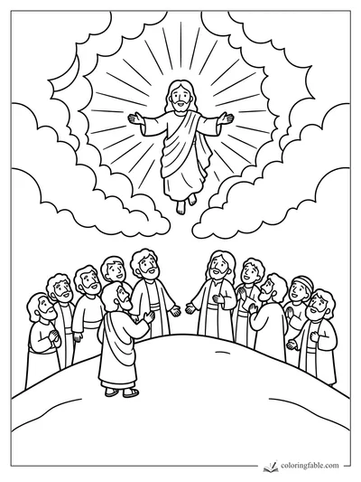 Jesus ascending in bright clouds while disciples watch from a hill, easy Bible coloring page