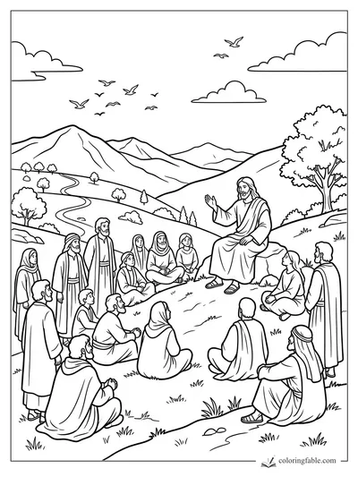 Jesus teaching a seated crowd on a hillside with mountains, trees, clouds, and birds