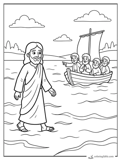 Jesus walking on water toward four surprised disciples in a sailboat with clouds and waves