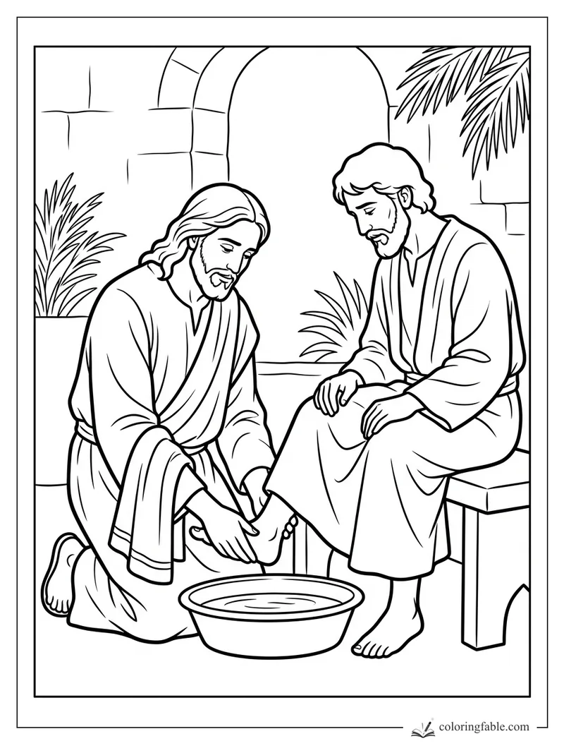 Jesus kneels to wash a seated disciple’s feet beside a basin, with stone arches and palm leaves behind them.