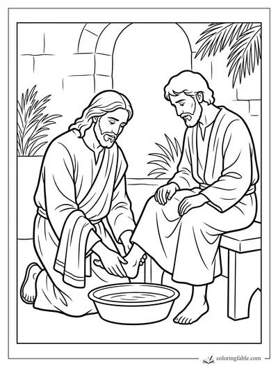 Jesus kneels to wash a seated disciple’s feet beside a basin, with stone arches and palm leaves behind them.