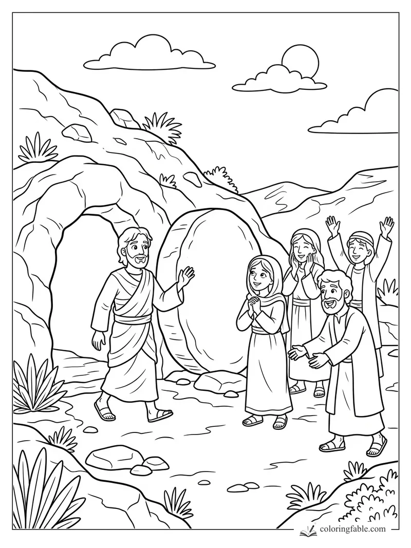 Jesus greets joyful friends beside Lazarus’s open tomb, with the round stone rolled away in rocky hills.