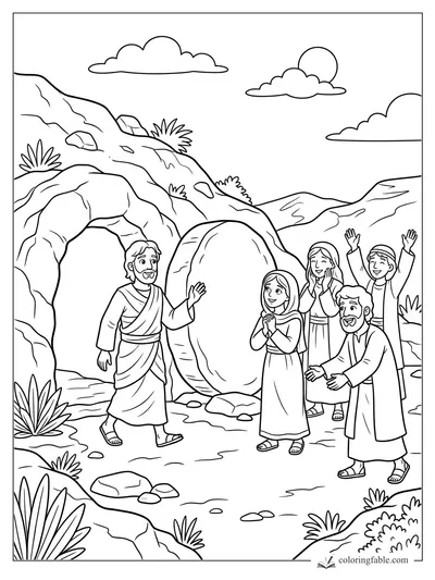 Jesus greets joyful friends beside Lazarus’s open tomb, with the round stone rolled away in rocky hills.