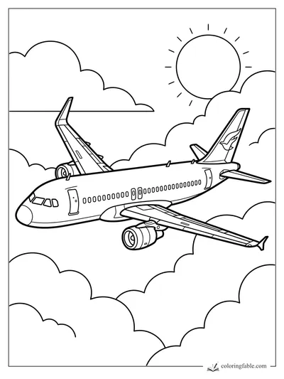 Passenger jet airplane flying through puffy clouds under a bright sun