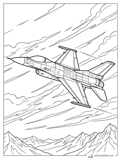 Detailed fighter jet banking through streaky clouds above sharp mountain peaks coloring page